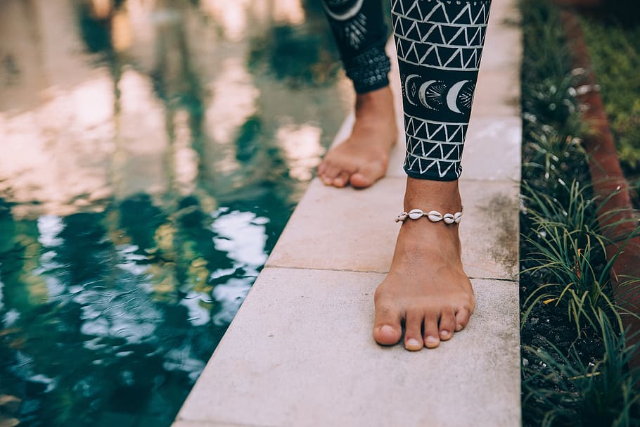 walking, feet, water, legs, toes, ankle, jewelry, anklet, close up, outdoors