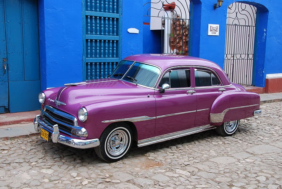 classic, pink, parked, road side, Cuba, Car, Old, Cars, American, Havana