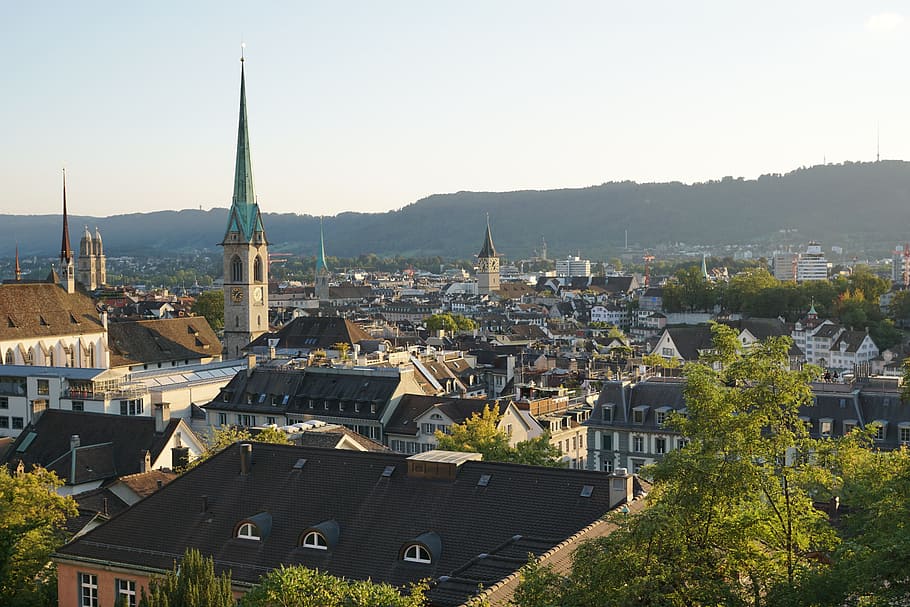 aerial, view, city, day time, zurich, old town, churches, switzerland, roofs, homes