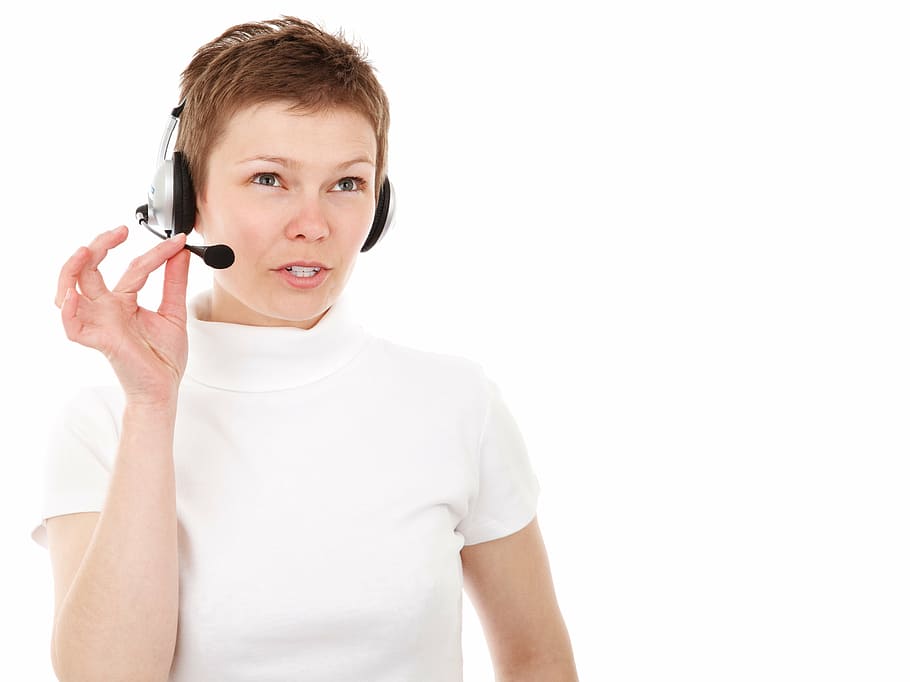 woman, wearing, headset, holding, mic, agent, business, call, center, communication