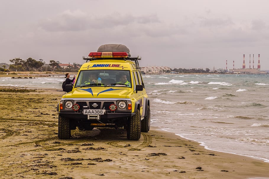 Ambulância, Patrulha, Praia, Emergência, resgate, amarelo, carro, segurança, salva-vidas, ajuda