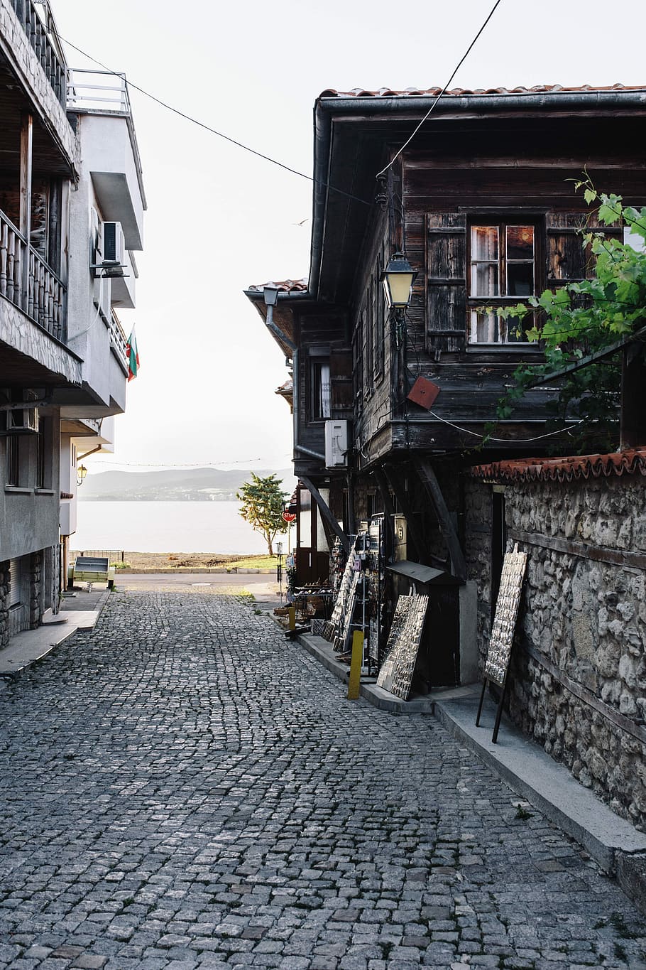 sempit, jalan-jalan, tua, rumah, nessebar kota, kota tua, Nessebar, Bulgaria, musim panas, arsitektur