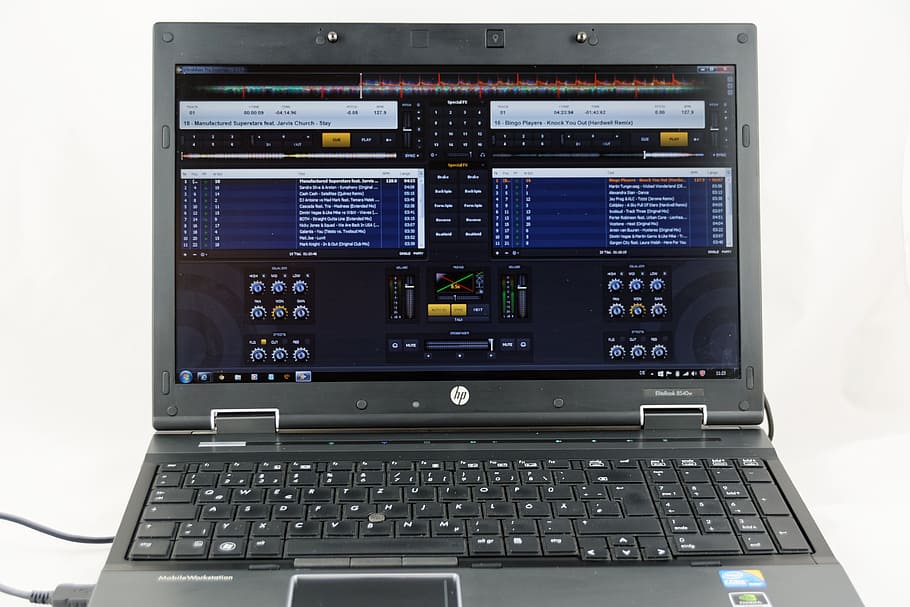 laptop hp, berbalik, mixer, audio, hiburan, musik, mp3, dj, perangkat, perangkat teknis