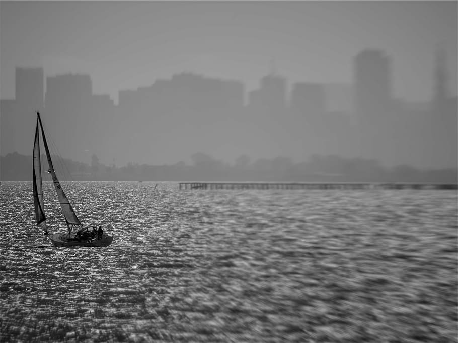 sailing boat, body, water, grayscale, photography, sailboat, skyline, fog, pier, dock