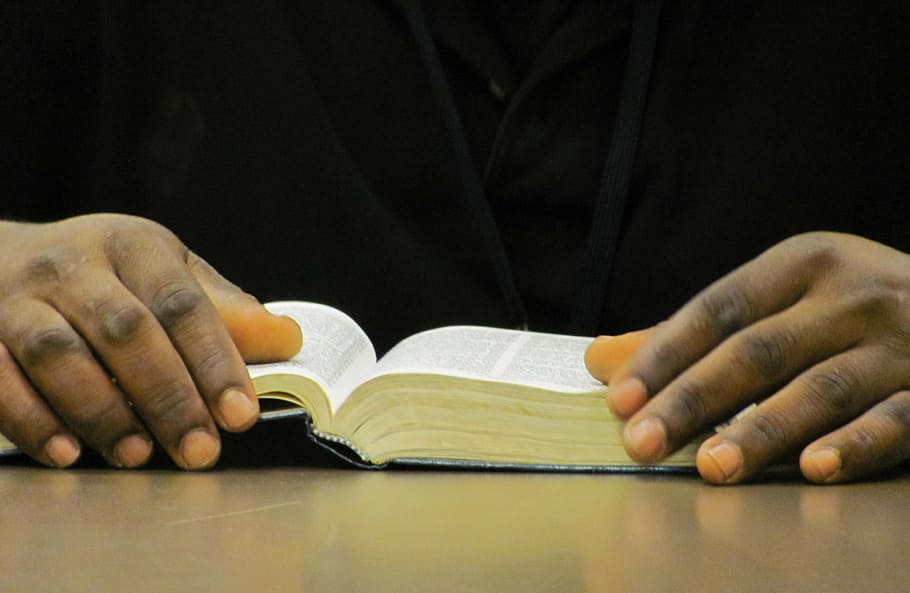 person, holding, book, brown, wooden, table, bible, bible study, african american, hands