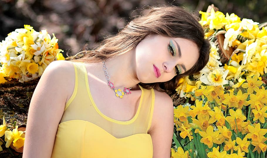 woman, wearing, yellow, illusion neck tank dress, petaled flowers, daytime, girl, daffodil, flowers, spring
