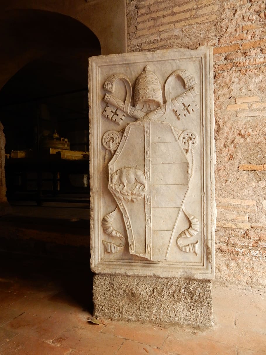 stone tablet, borgia, family, coat of arms, bull, castel sant'angelo, rome, italy, tiara, shield