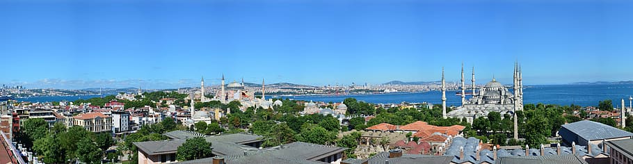 white, concrete, cathedral, ocean, istanbul, panoramic, view, hagia sophia, sultanahmet, city