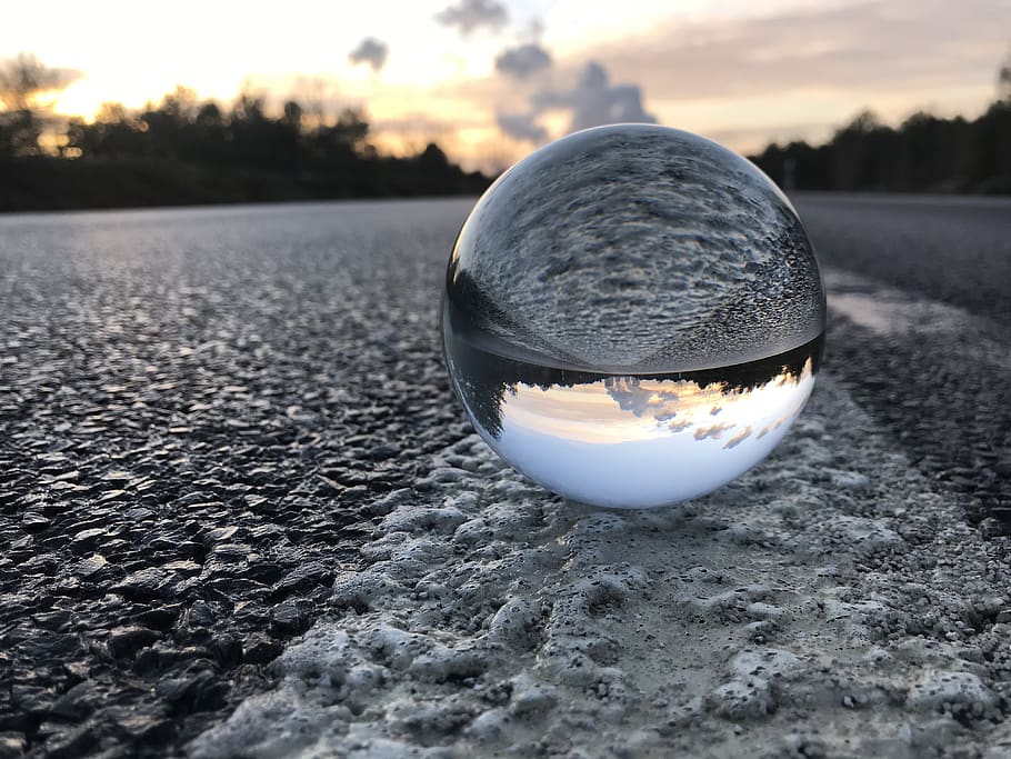 ball, road, power plant, sunset, glass ball, sky, lich, mirroring, reflection, background