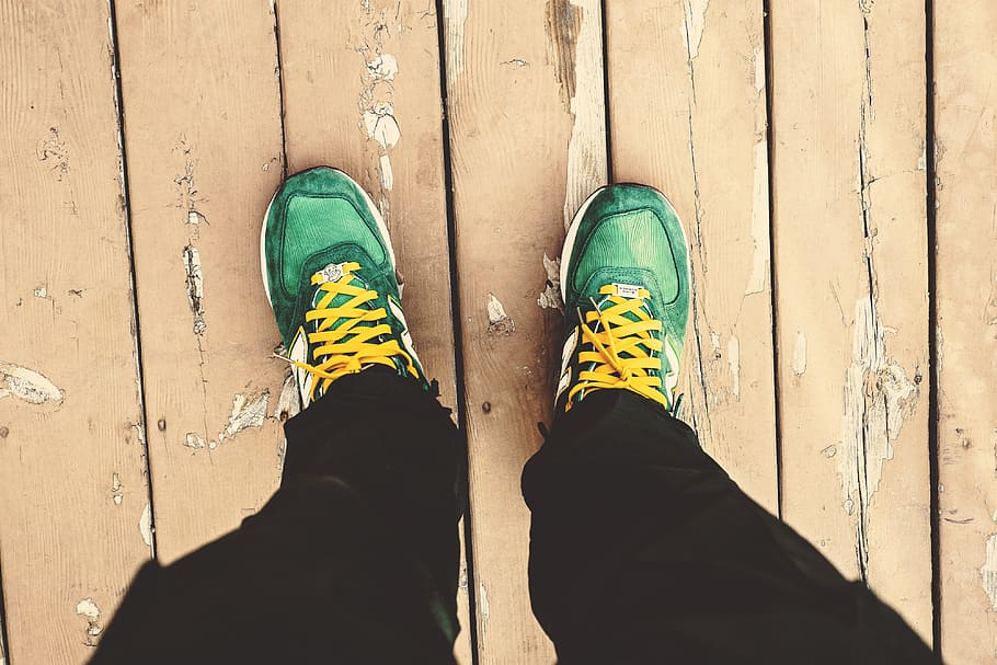 man, looking, green, sneakers, looking down, people, shoe, outdoors, human Foot, human Leg