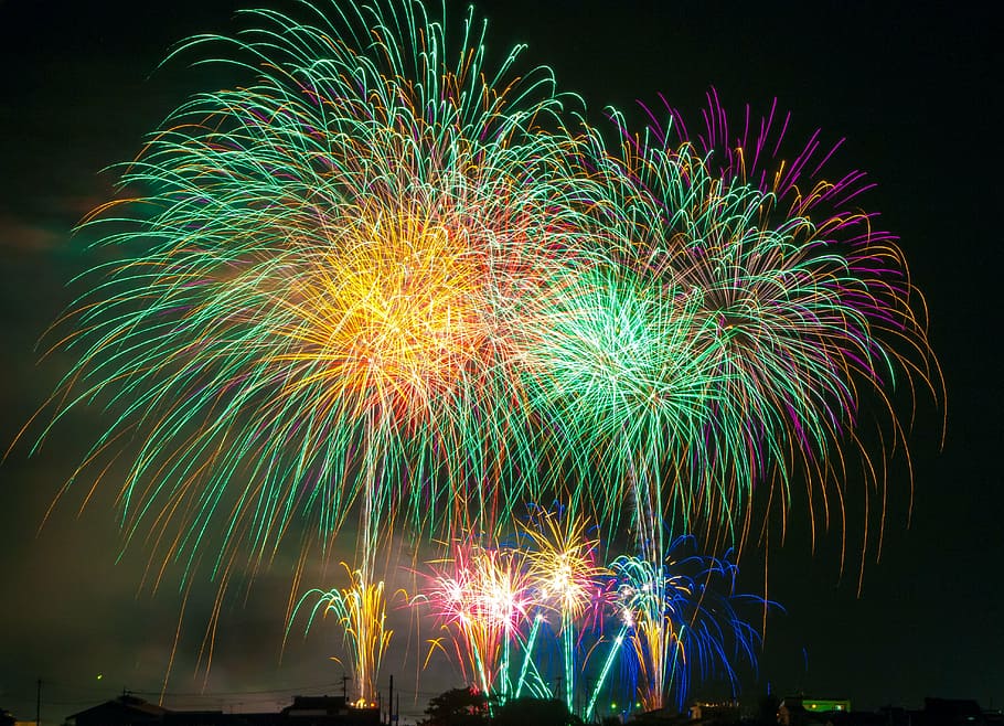 green, purple, yellow, fireworks photo, nighttime, fireworks, light, japan, festival, sky