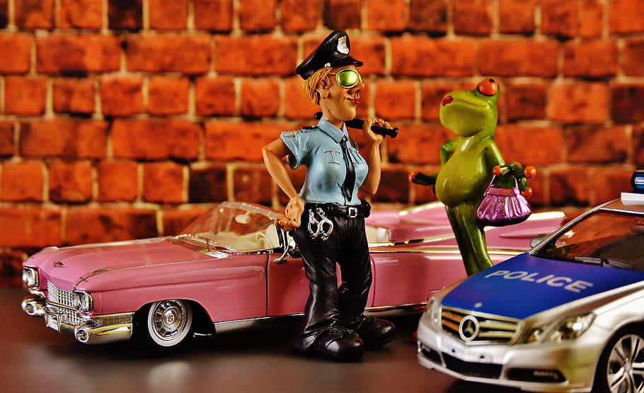 Cadillac, El Dorado, Frog, Police, cadillac, el dorado, chick, policewoman, police check, figures, funny