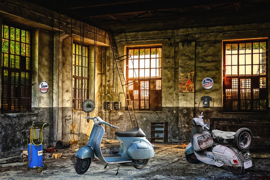 old workshop, old vespa, isolated, and edited, motor scooter, graphic design, window, indoors, architecture, built structure