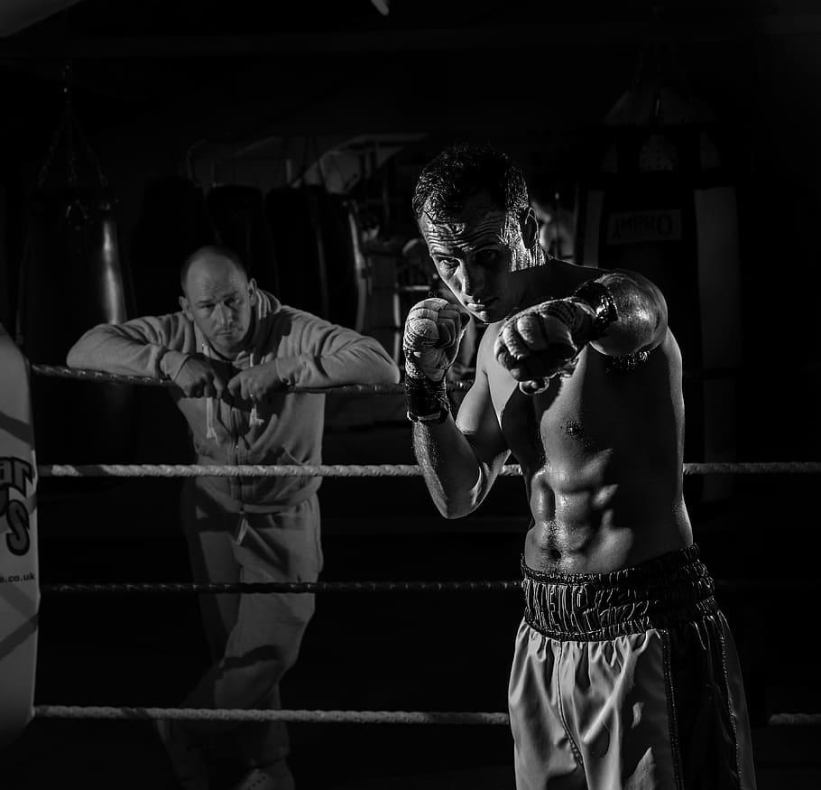 grayscale photography, boxer, inside, ring, grayscale, photography, boxing, fitness, sport, fight