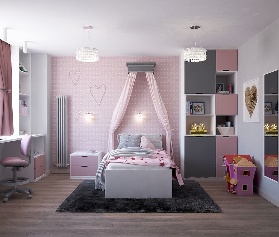 quarto, para menina, quarto das crianças, interior, bebê, família, cama, rosa, dossel, design de interiores