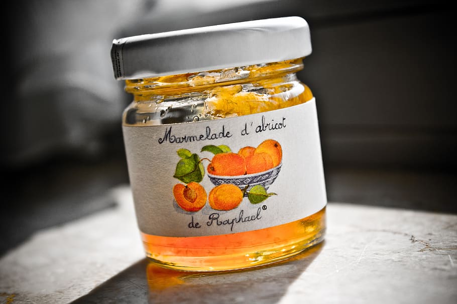 fotografía de primer plano, lleno, tarro de albañil, albaricoque, tarro, mermelada, comida, desayuno, naranja, Francia