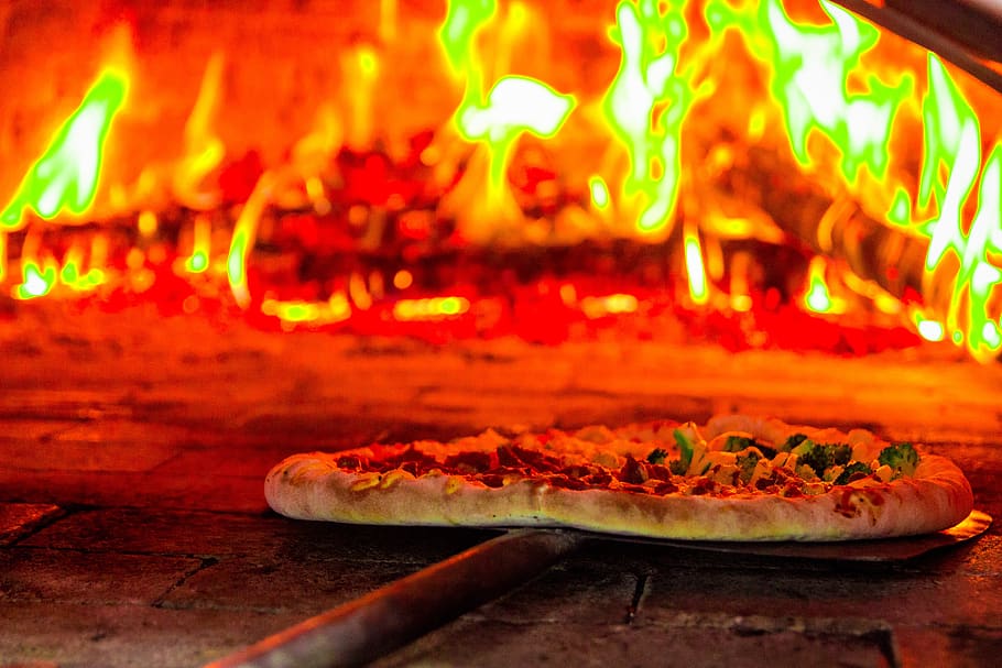 pizza, fire, firewood, burning, fire - natural phenomenon, heat - temperature, food, flame, food and drink, indoors