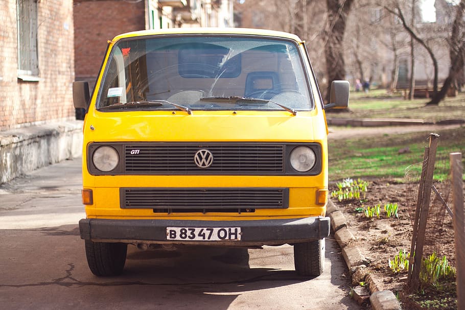 yellow, volkswagen van, road, house, daytime, volkswagen, van, brown, wick, vehicle