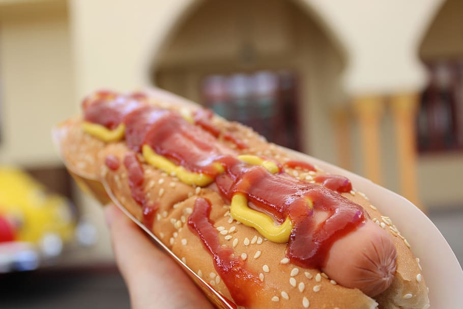 primer plano, sándwich de hot dog, salsa de tomate, hot dog, gourmet, Carne, carne procesada, comida, parte del cuerpo humano, una persona