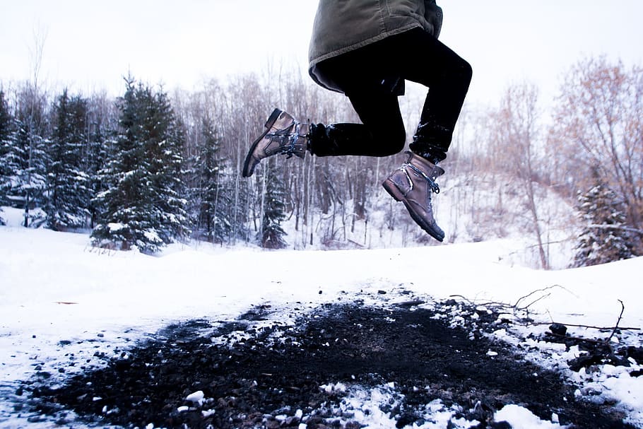 leap, jump, jumping, winter, snow, boots, outdoors, ground, cold, nature