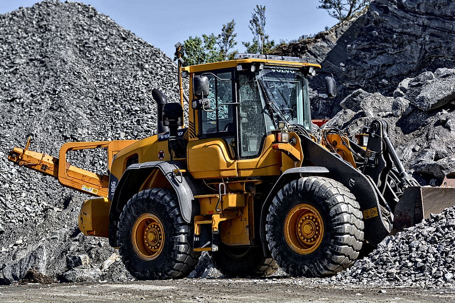 yellow, black, front loader, carrying, gravel, digger, machine, machinery, construction, loader