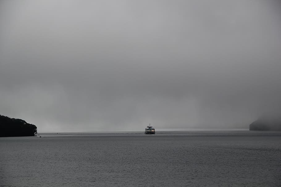 fog, mist, scary, black water, dark, weather, mystery, landscape, lonely ship, foggy