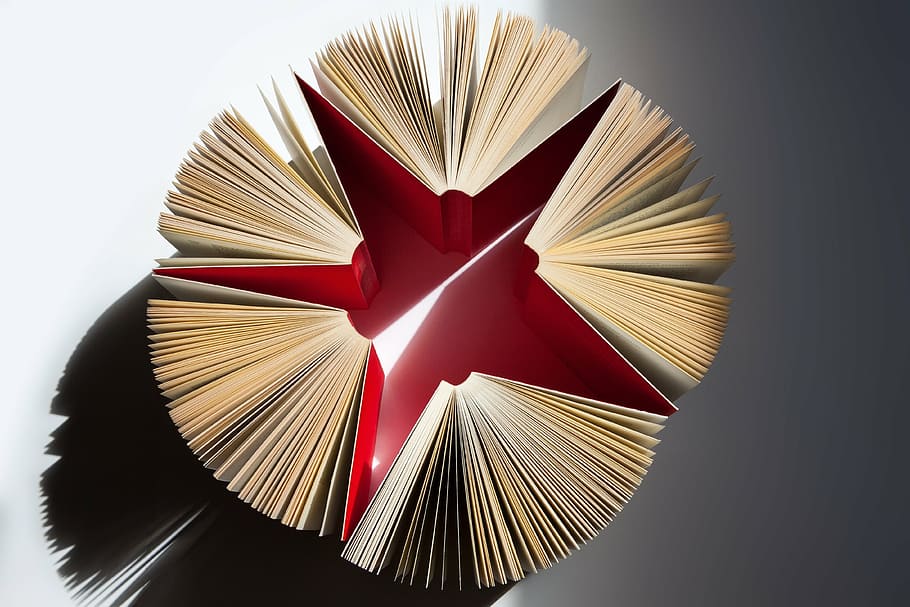 cinco libros rojos, libros, páginas, expandido, estrella, rojo, sigmund freud, edición para estudiantes, páginas de libros, leer