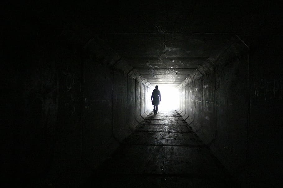 silhouette, person, toward, white, bright, light, outside, tunnel, mysterious, fantasy