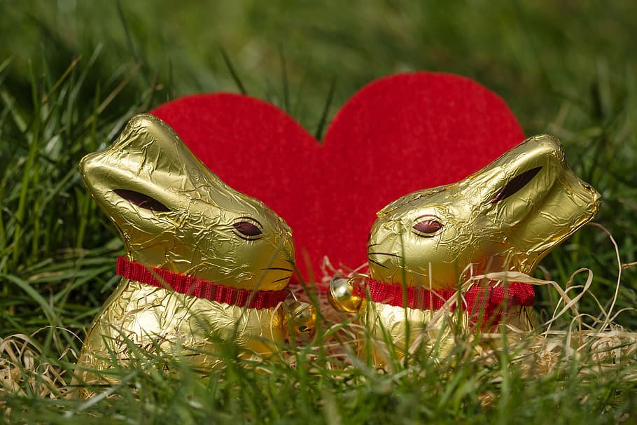 hare, easter bunny, easter, figure, chocolate, love, heart, affection, grass, meadow
