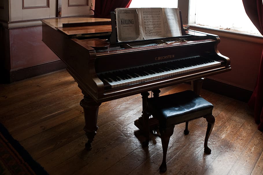 grand, piano, window, piano stool, sheet-music, oak flooring, music, musical instrument, musical equipment, flooring