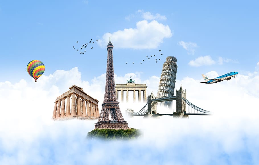 エッフェル塔, ピサ塔, ロンドン橋, アクロポリス, ブランデンブルク門, 飛行機, 熱気球, ヨーロッパ, 記念碑, 旅行