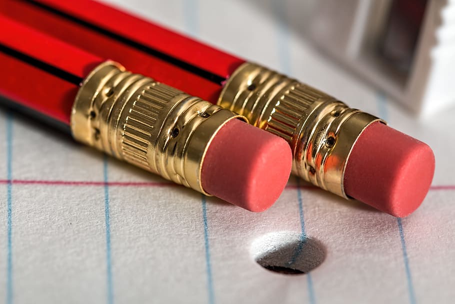 closeup, two, red, pencils, pencil, eraser, notepad, write, paper, office