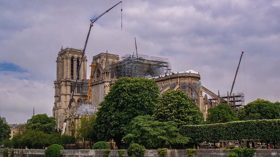 notre dame is damaged, places of interest, historically, cathedral, paris, sky, architecture, built structure, building exterior, tree