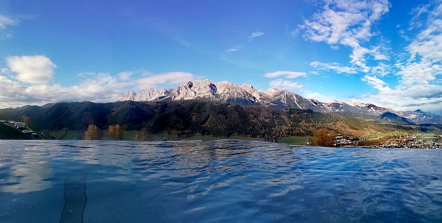 panorama, schladming, dachstein, infinity, pool, mountains, summit, sky, clouds, mood