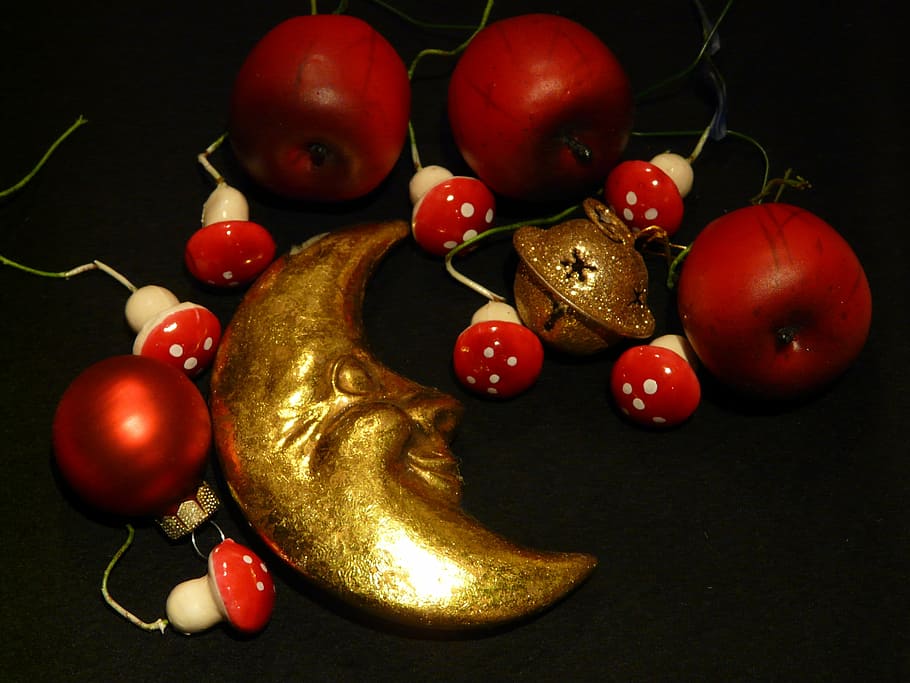 luna, campana, manzana, hongos, decoración navideña, navidad, adviento, decoración, comida, comida y bebida