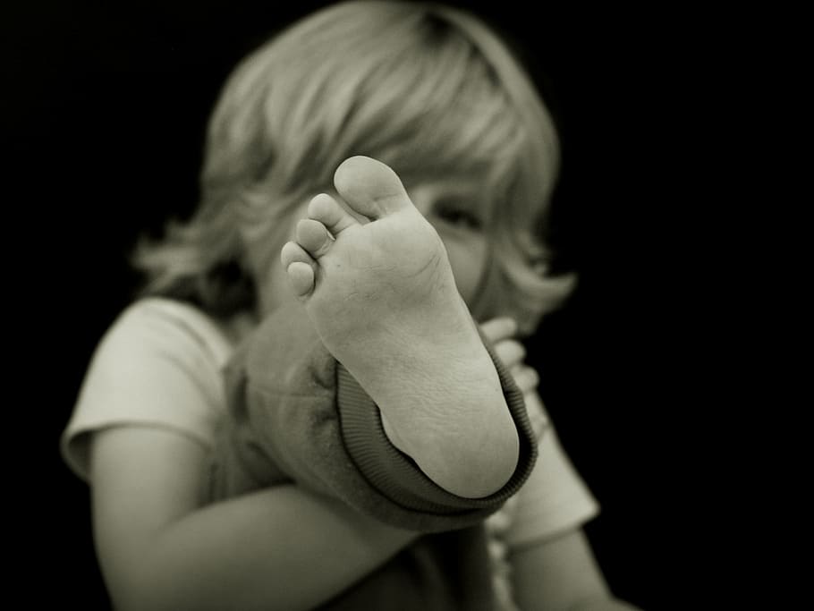 grayscale photography, children, showing, foot, child, ten, human, barefoot, security, cute
