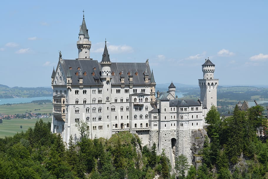 castillo, arquitectura, edificio, neuschwanstein, alemania, paisaje, escénico, antiguo, bosque, alpes