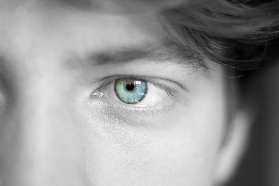 eye, eye color, face, pupil, iris, blue, colorful, detail, black and white, close up