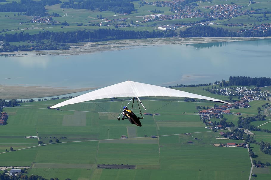 hang glider, hang gliding, air sports, sport, landscape, flying, lake, nature, water, waters
