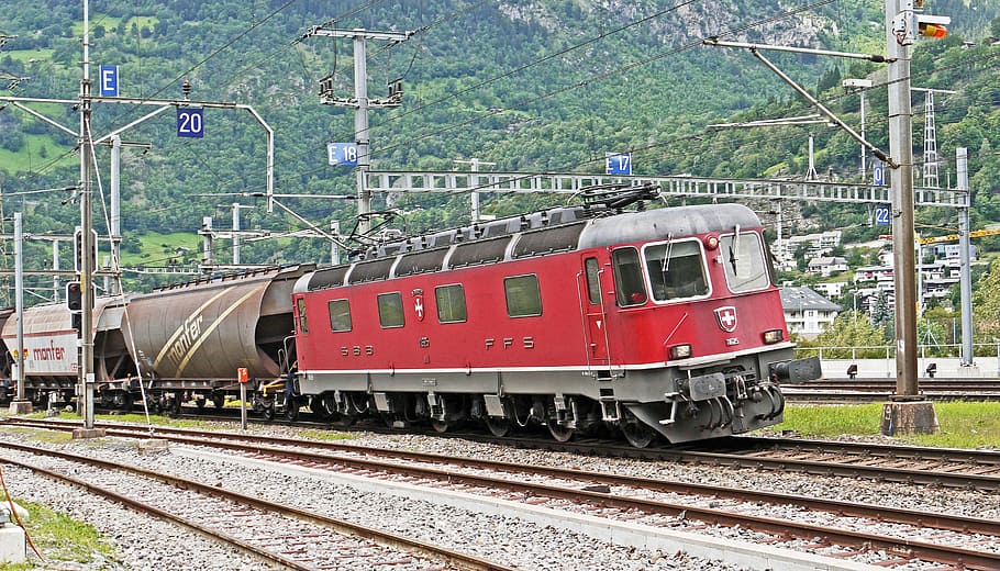 train on railroad, freight train, switzerland, the track pitch is extremely, curve inclination, curve, gateway, simplon tunnel, brig, valais