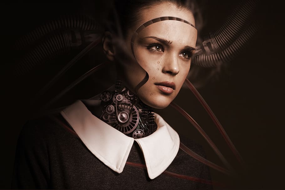 closeup, human, robot, brown, shirt, woman, face, cry, sad, artificial intelligence