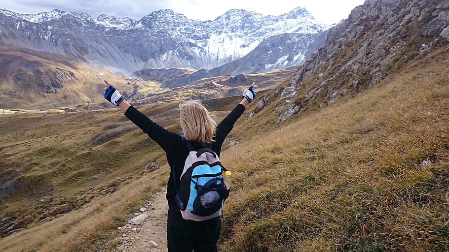 woman, carrying, backpack, field, mountains, day, happiness, joy, the alps, wandering
