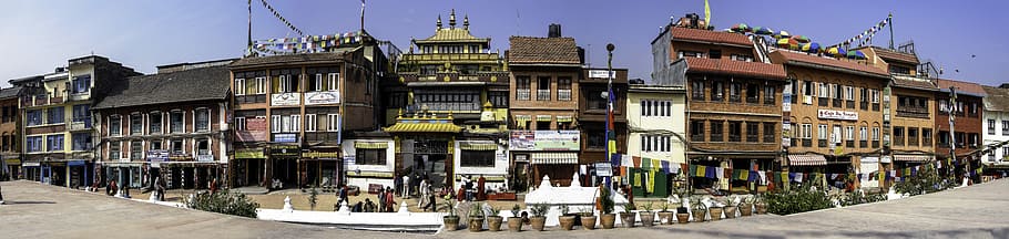 ao redor, edifícios, boudha, stupa, catmandu, nepal, boudha stupa, cidade, fotos, domínio público