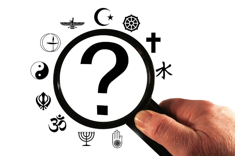 person, holding, black, magnifying, glass, logos, religion, question mark, analysis, magnifying glass