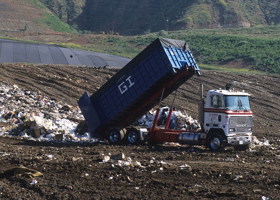 white, blue, dump, truck, dumping, garbage, daytime, Dump Truck, Landfill, Disposal