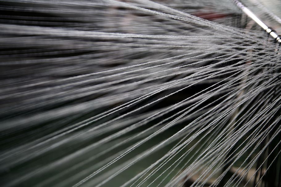 white yarn string, thread, weaving, proof, factory, fiber, blurred motion, motion, full frame, industry