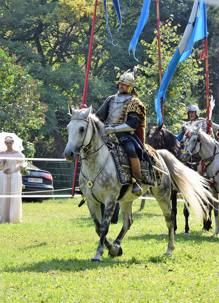 man, riding, white, horse, sommerfest, knight, attack, middle ages, historical representation, lance