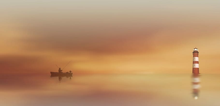 silhouette, person, riding, boat, fishing, sunset, dawn, sky, dusk, fog