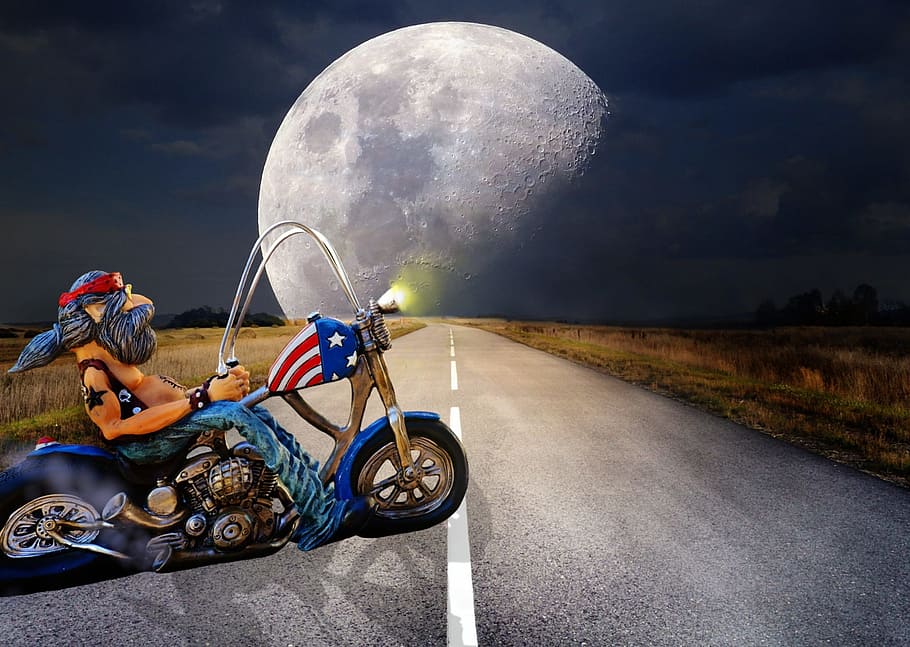 man, riding, cruiser motorcycle illustration, biker, motorcycle, motorcyclist, motorcycling, road, figure, joy of life