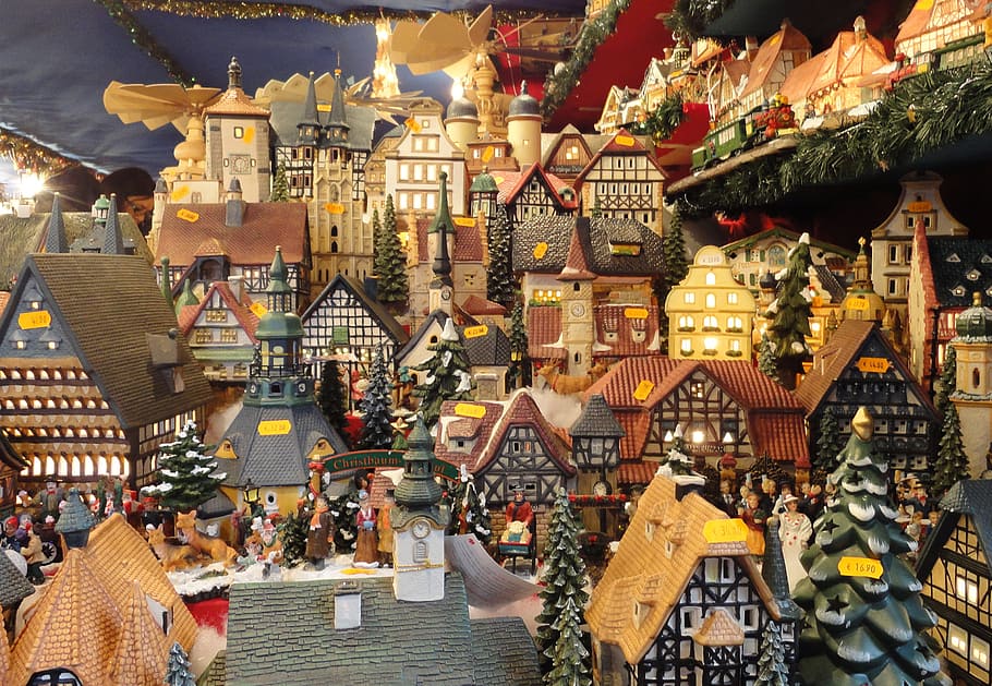 assorted-color house, miniature, collection, christmas market, christmas, sales stand, homes, cottage, ceramic, kitsch